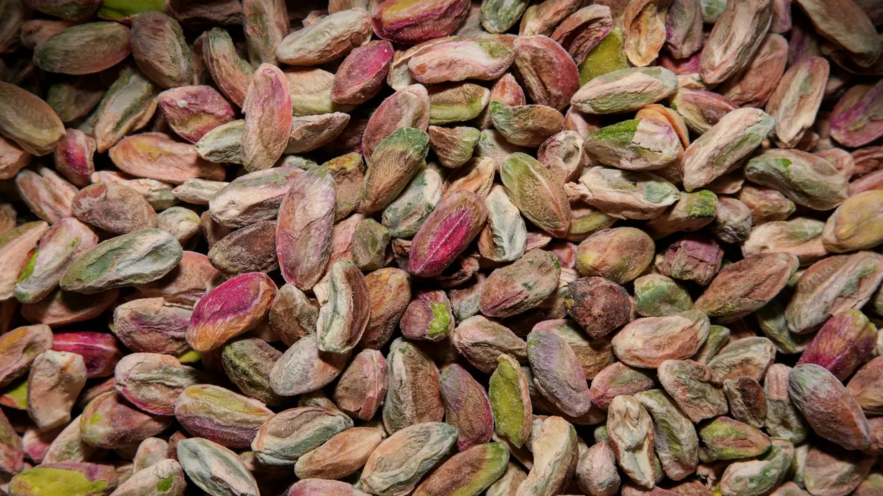 Heap of raw pistachio kernels with purple skins and green flesh, close-up